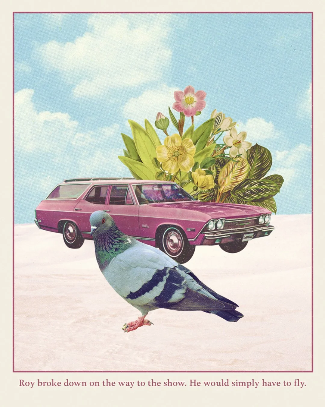 A collage featuring a pink station wagon, a pigeon, and a background of colorful flowers and a blue sky with clouds.