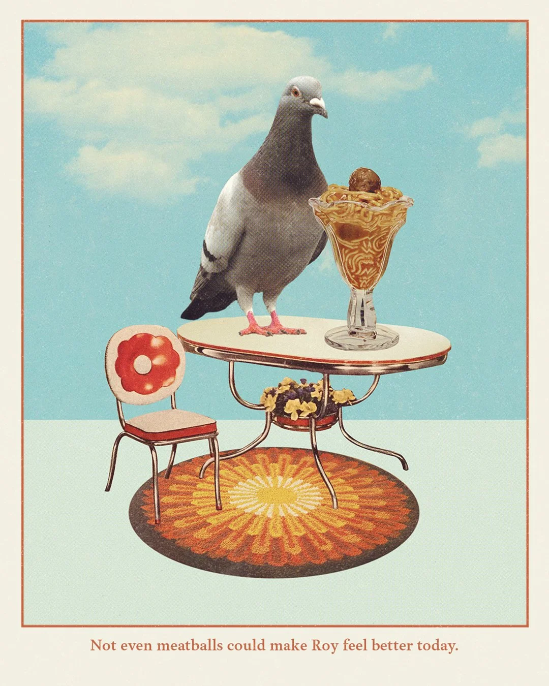A pigeon standing on a small round table with a glass bowl of noodles and meatballs. There is a chair with a flower-shaped backrest next to the table. The background features a sky with clouds, and a round rug is beneath the table. A caption at the b
