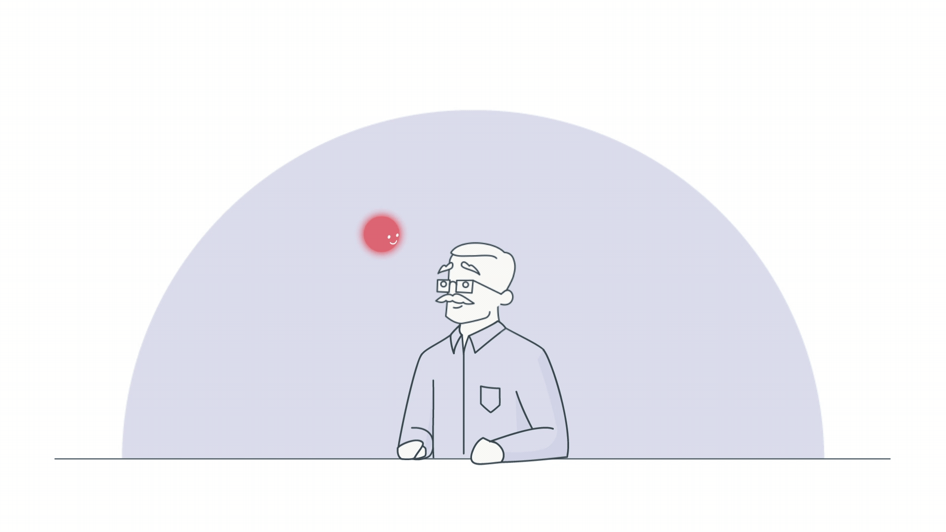 Simple illustration of a man with glasses, a mustache, and a collared shirt, with a pink glowing smiley face floating nearby.
