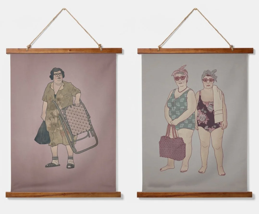 Two wall hangings with line drawings of women in casual summer attire, one holding a foldable chair and the other with two women in swimsuits, all with sunglasses.