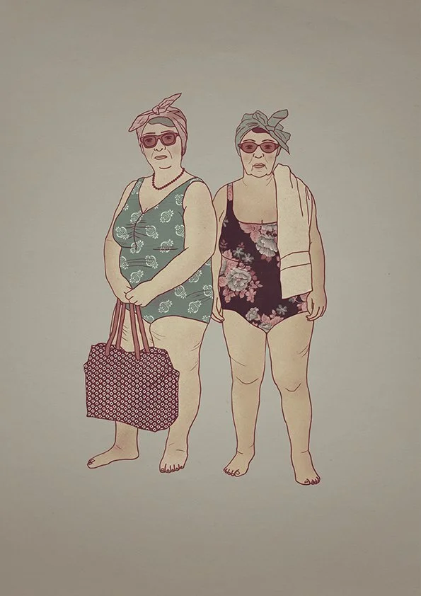 Illustration of two women in swimsuits with headscarves and sunglasses, standing side by side, one holding a patterned tote bag.