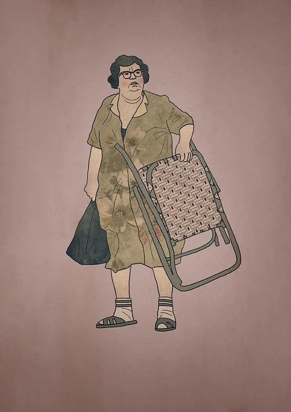 A cartoon illustration of a woman with curly hair, glasses, wearing a beige dress with a darker underneath, sandals with socks, holding a shopping cart.