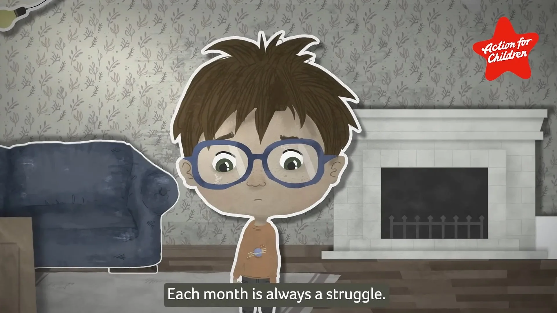 A cartoon boy with brown hair, glasses, and a somber expression standing in front of a fireplace. There is a gray couch on the left and a patterned wallpaper background. A red star-shaped badge in the top right corner reads 'Act for Children'. Captio