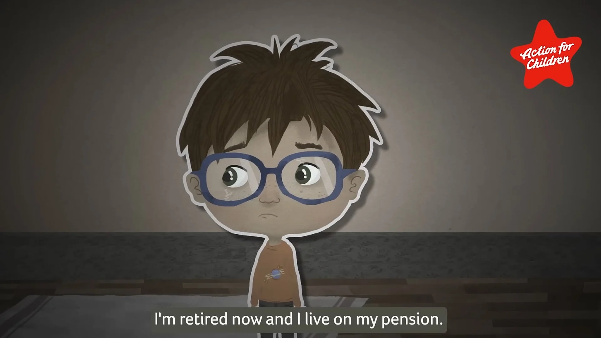 Drawing of a young boy with brown hair, large blue glasses, and a small planet tattoo on his chest, standing in a dark room with a worried expression. A red star with the words 'Actim for Children' is in the top right corner. Subtitles read 'I'm reti
