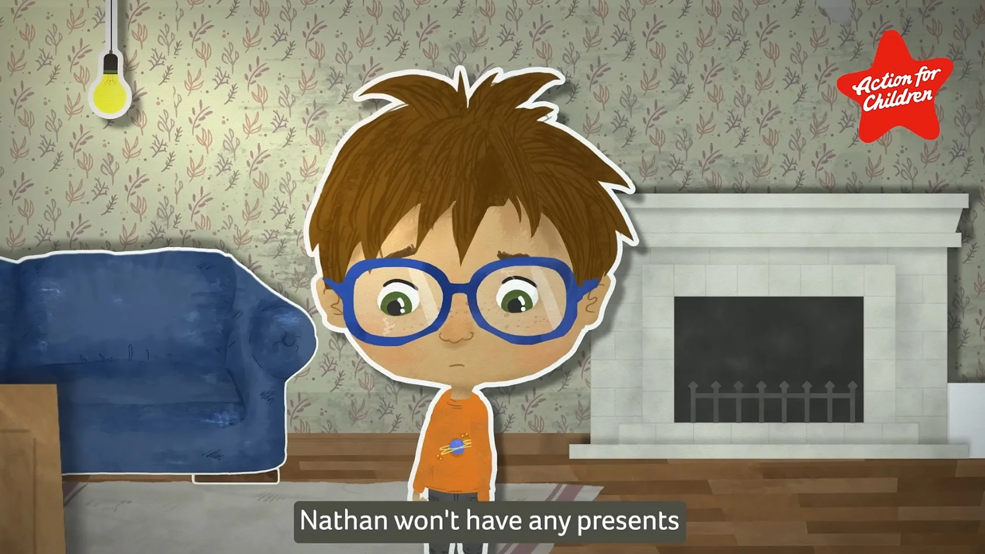 Animated illustration of a young boy with brown hair, glasses, and green eyes standing in a living room with floral wallpaper and a fireplace. The boy appears sad, and there is a subtitle that reads 'Nathan won't have any presents.'