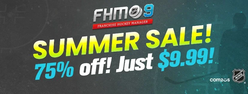 Banner advertising a summer sale for franchise hockey manager 9, offering 75% off on the game for $9.99, featuring NHL and Esports logos.