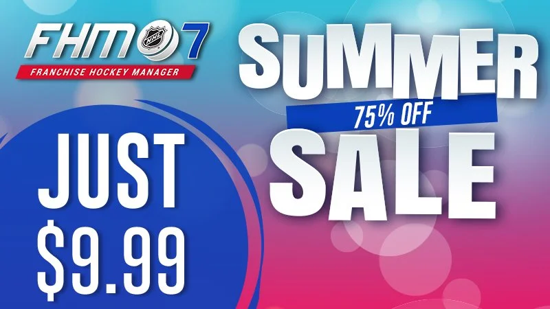 Summer sale advertisement with 75% off, franchise hockey manager logo, and price of $9.99
