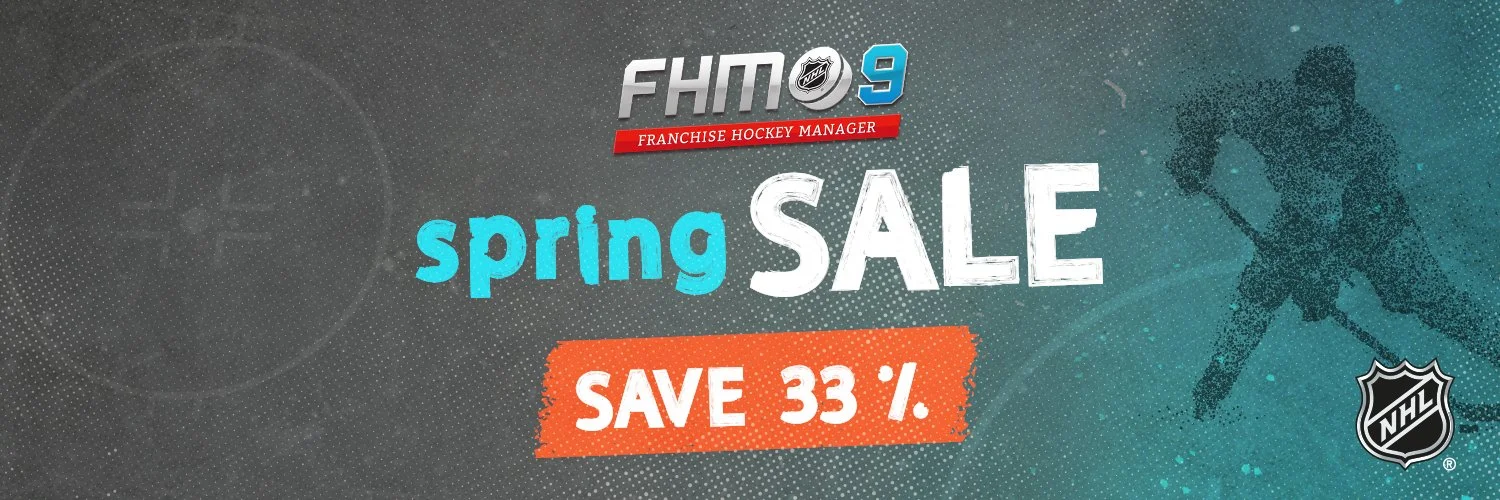 Promotional graphic for a spring sale on franchise hockey manager 9, featuring a hockey player silhouette and NHL logo.