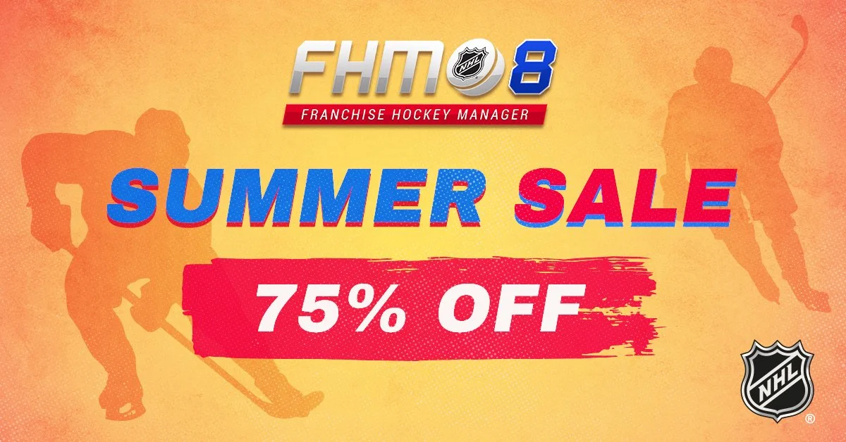 Advertisement for a summer sale with 75% off, featuring hockey players silhouettes, NHL logo, and FHM8 branding.