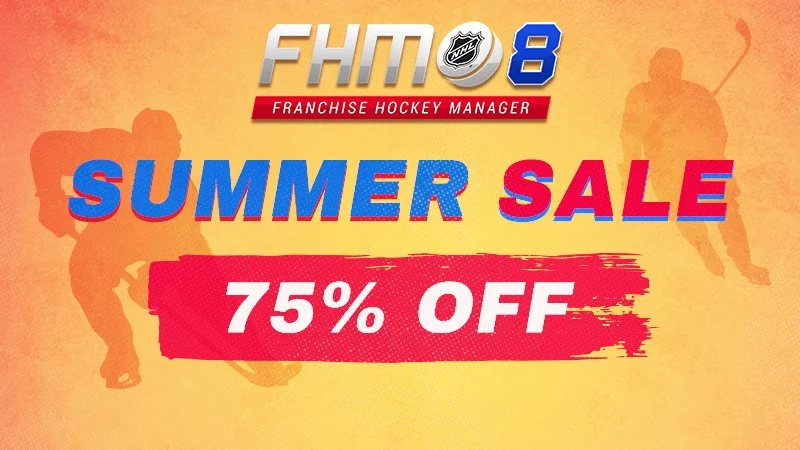 Summer sale advertisement for Franchise Hockey Manager 8, offering 75% off.