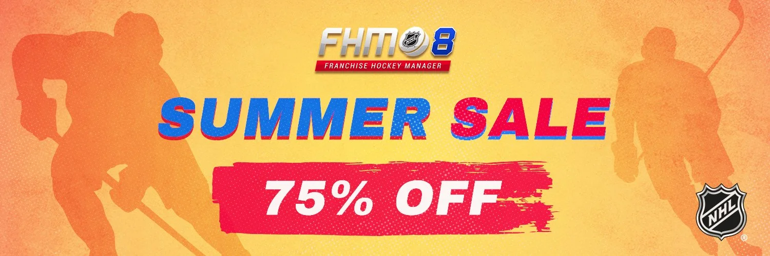Promotional banner advertising a summer sale with 75% off on hockey merchandise, featuring silhouettes of hockey players and the NHL logo.