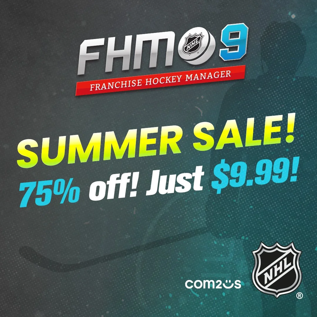 Advertisement for Franchise Hockey Manager 2023 with a summer sale offering 75% off, priced at $9.99.