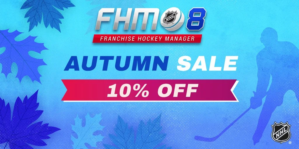 Poster advertising a Franchise Hockey Manager 8 autumn sale offering 10% off, with NHL and hockey-themed graphics including leaves and a hockey player silhouette.