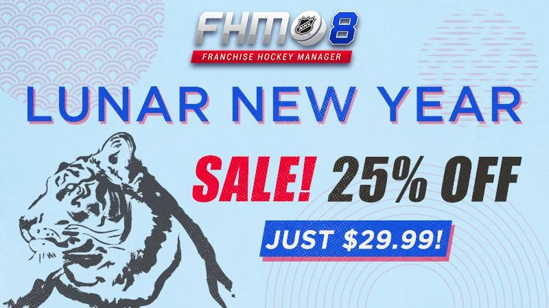 Advertisement for a hockey franchise sale featuring a tiger illustration and text promoting a lunar new year sale with 25% off, now just $29.99.