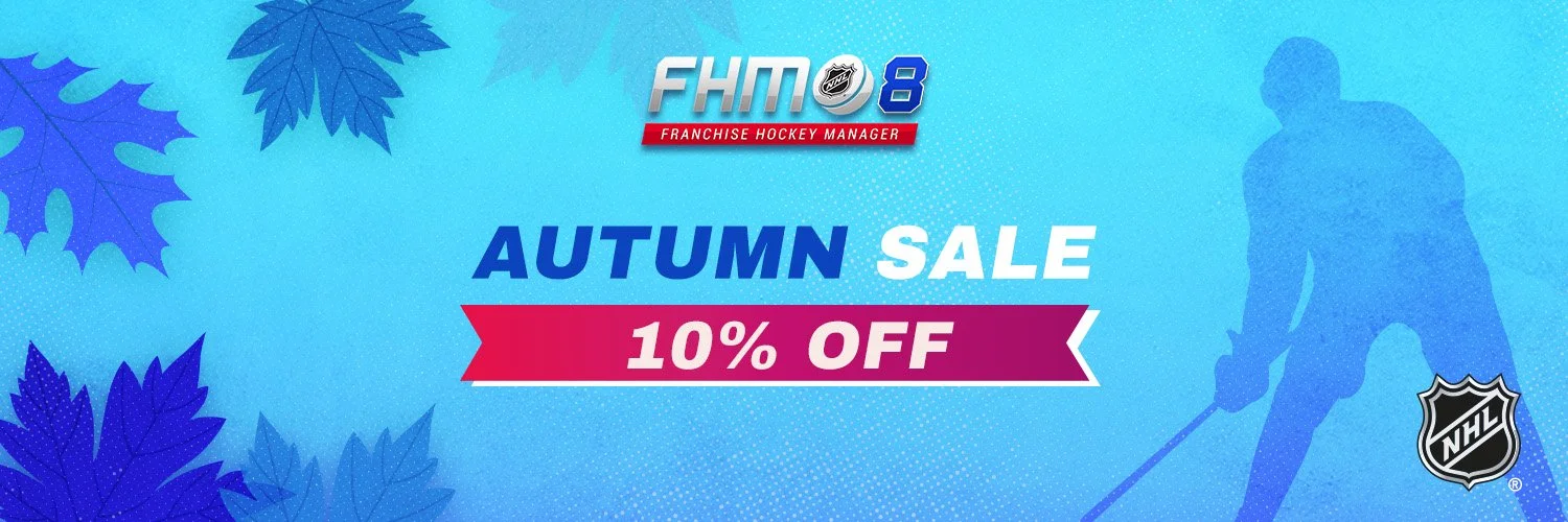 Promotion banner for Franchise Hockey Manager 8 featuring autumn sale with 10% off, blue background, maple leaves, hockey player silhouette, and NHL logo.