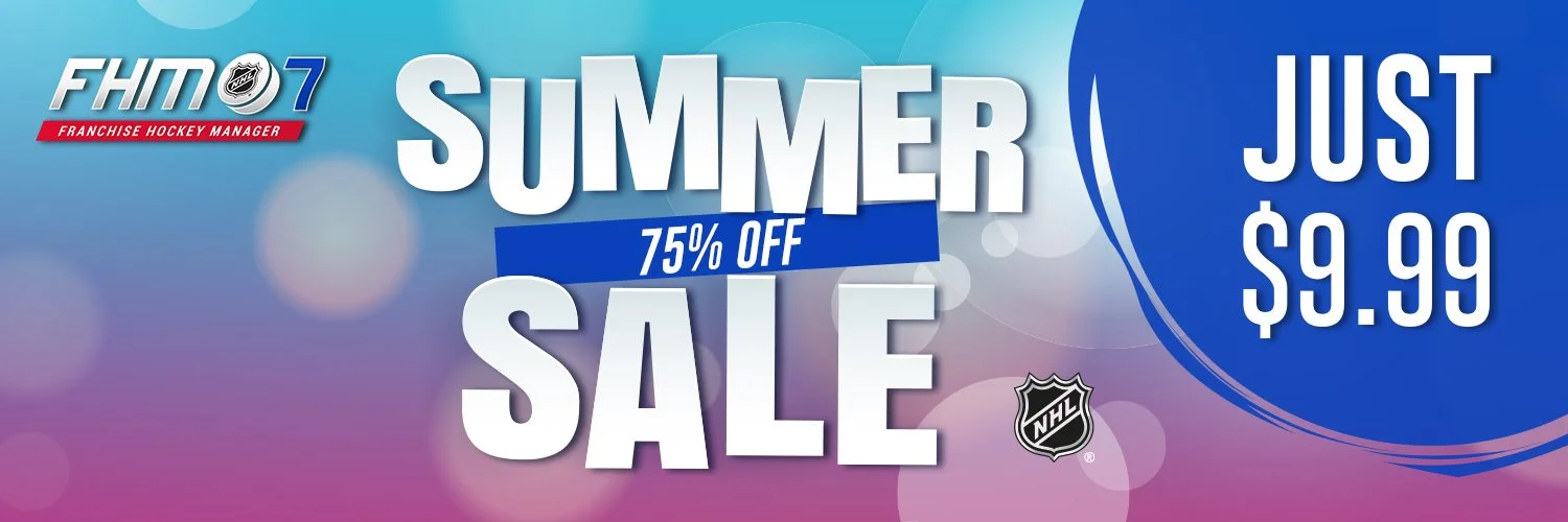 Digital advertisement for a summer sale with 75% off on NHL merchandise, priced at $9.99, with a blue and purple background.