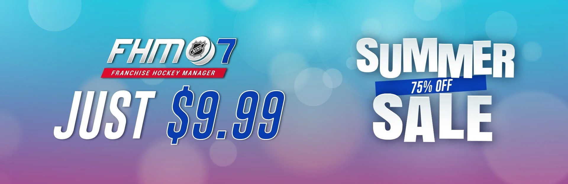 Summer sale advertisement for franchise hockey manager 7, priced at $9.99 with 75% off.