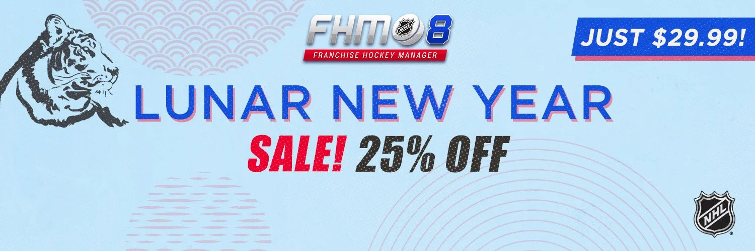 Advertisement for a Lunar New Year sale on franchise hockey manager software, priced at $29.99, with 25% off. The ad features a tiger illustration, the NHL logo, and blue and red design elements.