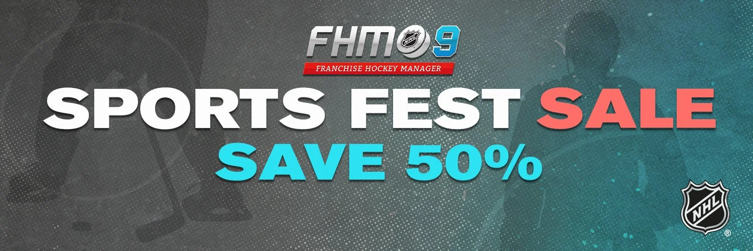 Advertisement for a sports equipment sale with a hockey theme, offering 50% savings, featuring background images of a hockey puck, hockey sticks, a hockey helmet, and a hockey player.