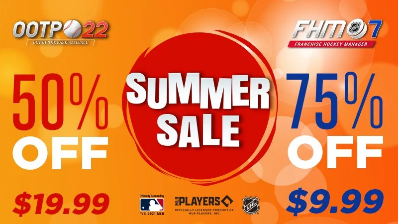 A colorful summer sale advertisement featuring MLB and NHL logos, highlighting 50% off items priced at $19.99 and 75% off items at $9.99, with the text 'Summer Sale' in bold white letters inside a red circle, and promotional details from Out Of The P