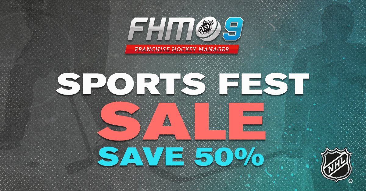 Advertising poster for a sports festival sale by NHL Hockey Manager, offering 50% off on sports items.