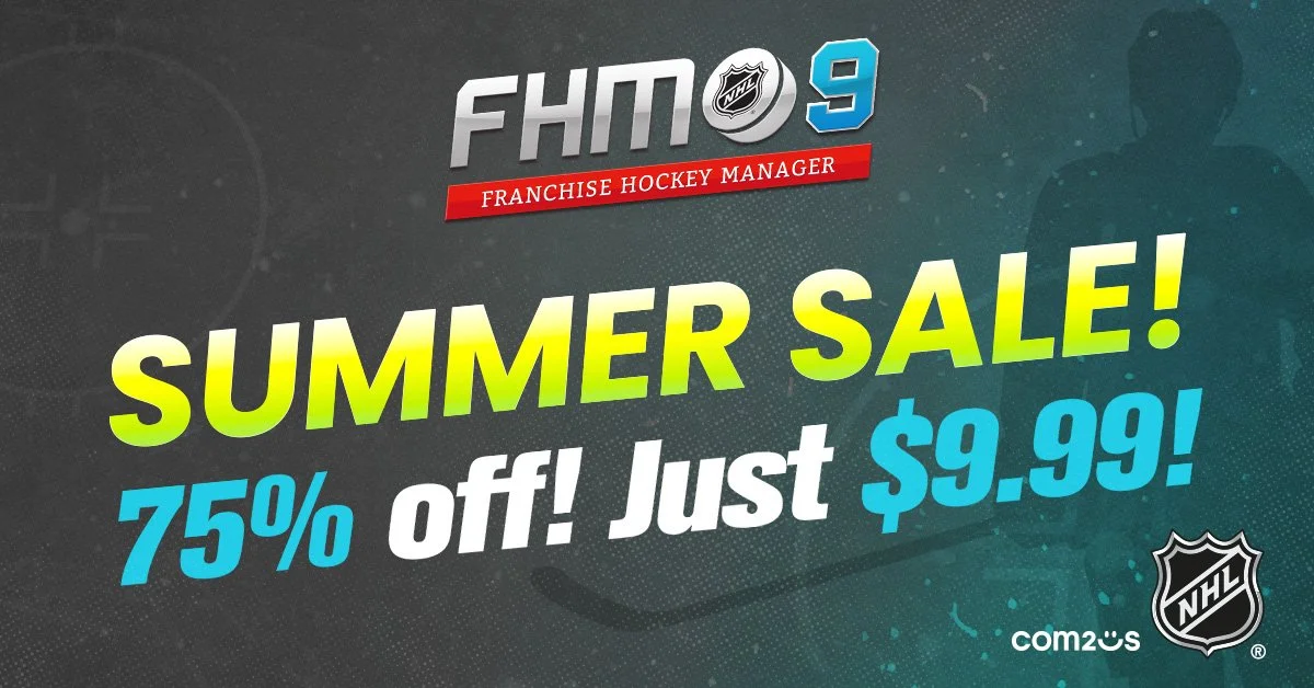 Summer sale advertisement for Franchise Hockey Manager 9 with 75% off, priced at $9.99, includes NHL logo and 2023 logo.