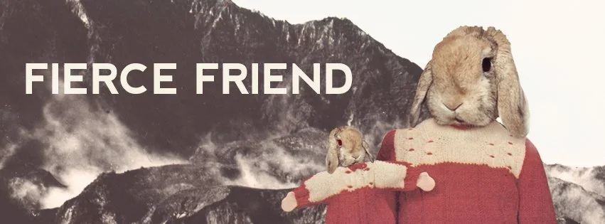 A creative collage featuring two rabbits with human bodies against a mountain backdrop. The larger rabbit in a sweater has a smaller rabbit on its arm, with the text 'FIERCE FRIEND' in white capital letters.