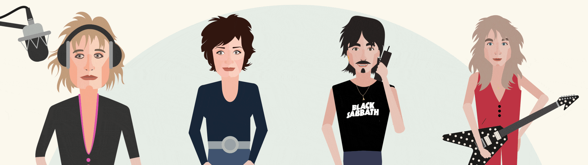Illustration of four women, one with headphones and a microphone, one with short brown hair wearing a dark shirt, one with black hair wearing a Black Sabbath t-shirt talking on a phone, and one with long blond hair holding a star-shaped electric guit