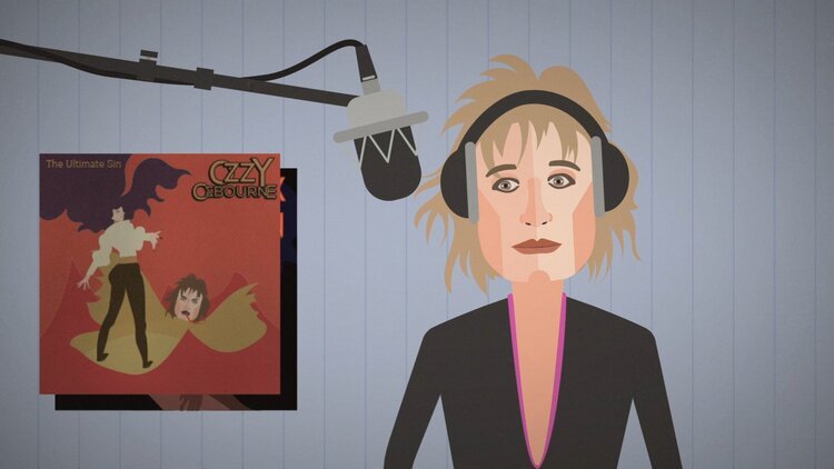 Animation of a woman with shoulder-length blonde hair wearing headphones, standing in front of a microphone, with an Ozzy Osbourne album cover in the background.