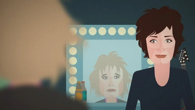 An illustrated woman with short, messy brown hair looking into a mirror with bright lights around it, reflecting her face. A guitar and some bottles are visible in the background.