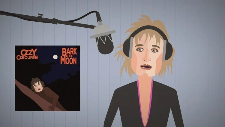A cartoon woman with messy blonde hair, wearing headphones and a black blazer, standing in front of a microphone in a recording studio. A poster of Ozzy Osbourne's album "Bark at the Moon" is on the wall behind her.