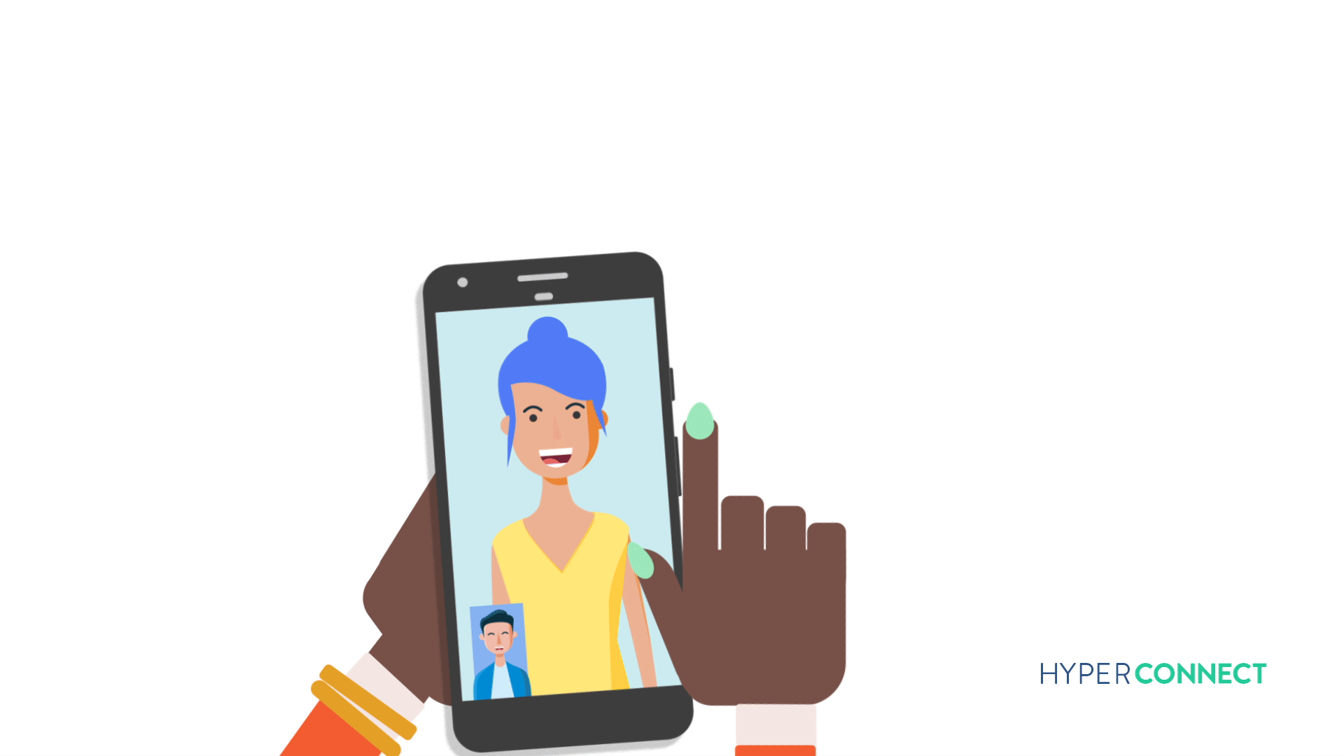 Illustration of a person holding a smartphone with a video call on the screen, showing a woman with blue hair and a yellow top, and a small face of a man at the bottom corner of the screen. Part of the hand in the foreground is holding the phone, and