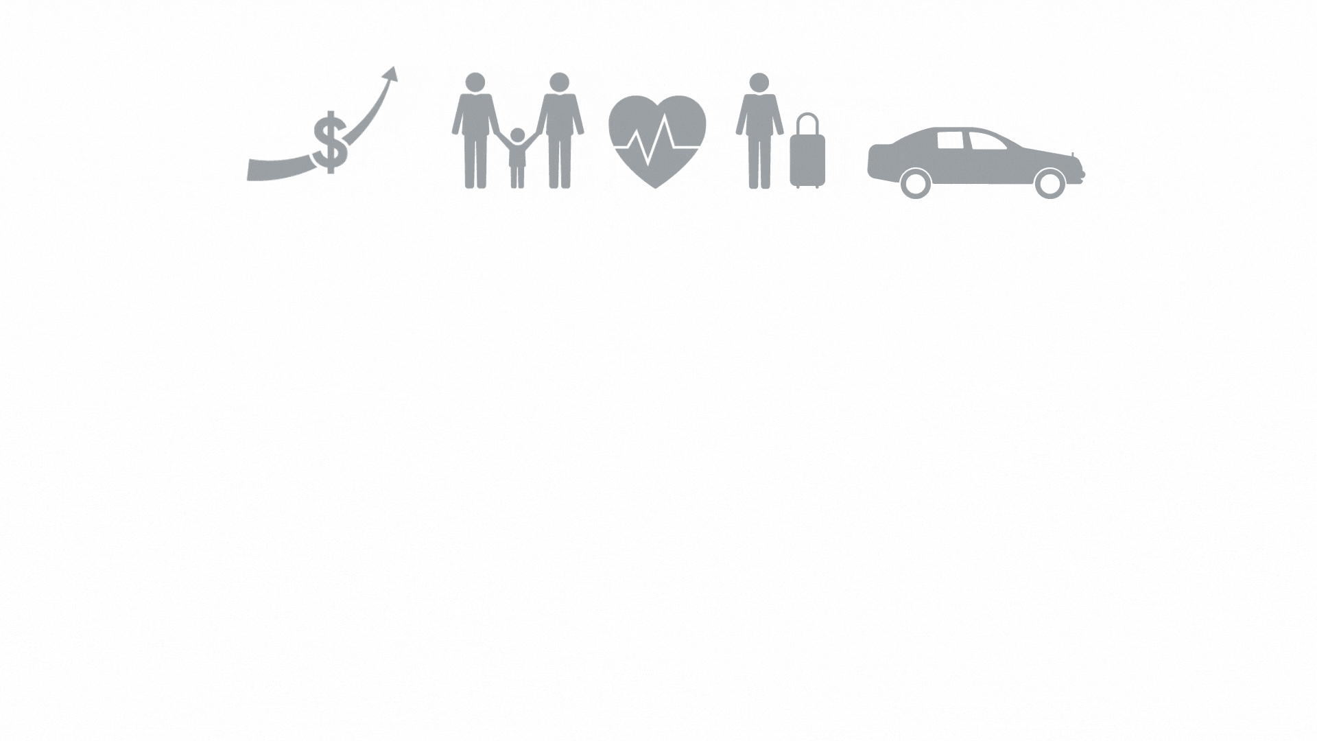 Gray icons representing financial growth, family, health, travel, and a car on a white background.