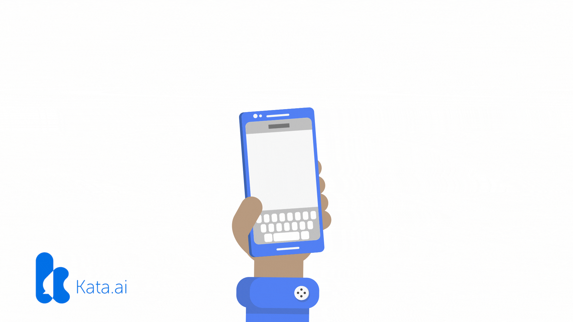 Animated illustration of a hand holding a smartphone with a keyboard, and the logo of Kata.ai and text beneath it, on a white background.