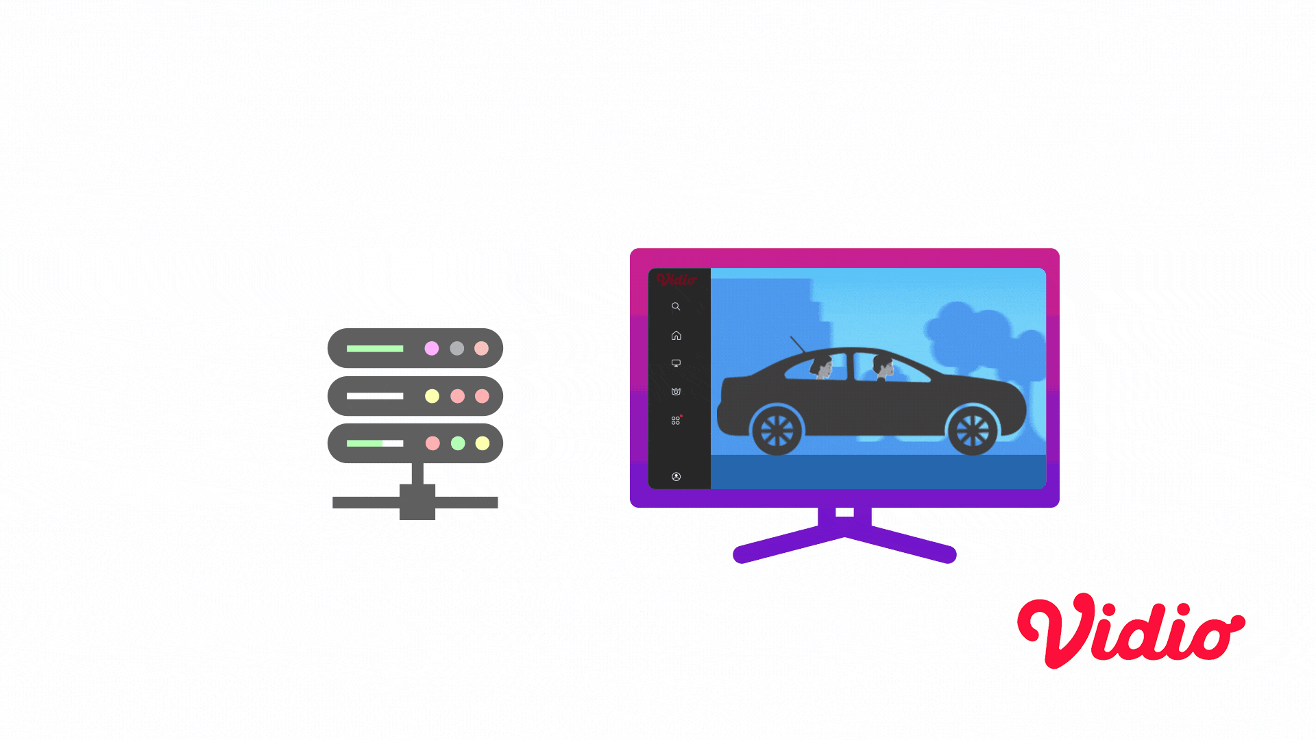Illustration of a computer monitor displaying a digital rendering of a car with two passengers, a nearby server connected via a cable, and the word 'Vidic' in red stylized font.