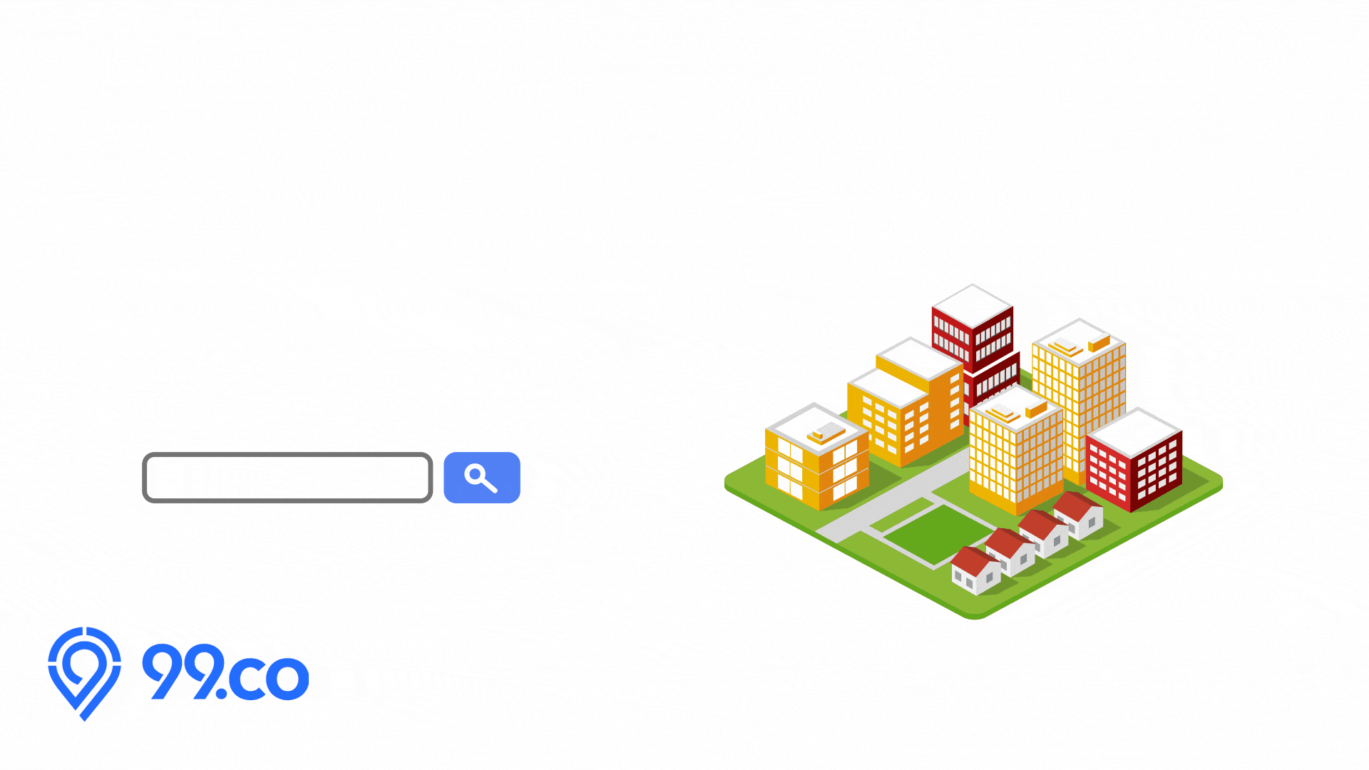 Illustration of a small city with high-rise buildings and smaller houses, with a search bar and search icon, and a logo with a location pin and the text "99.co".