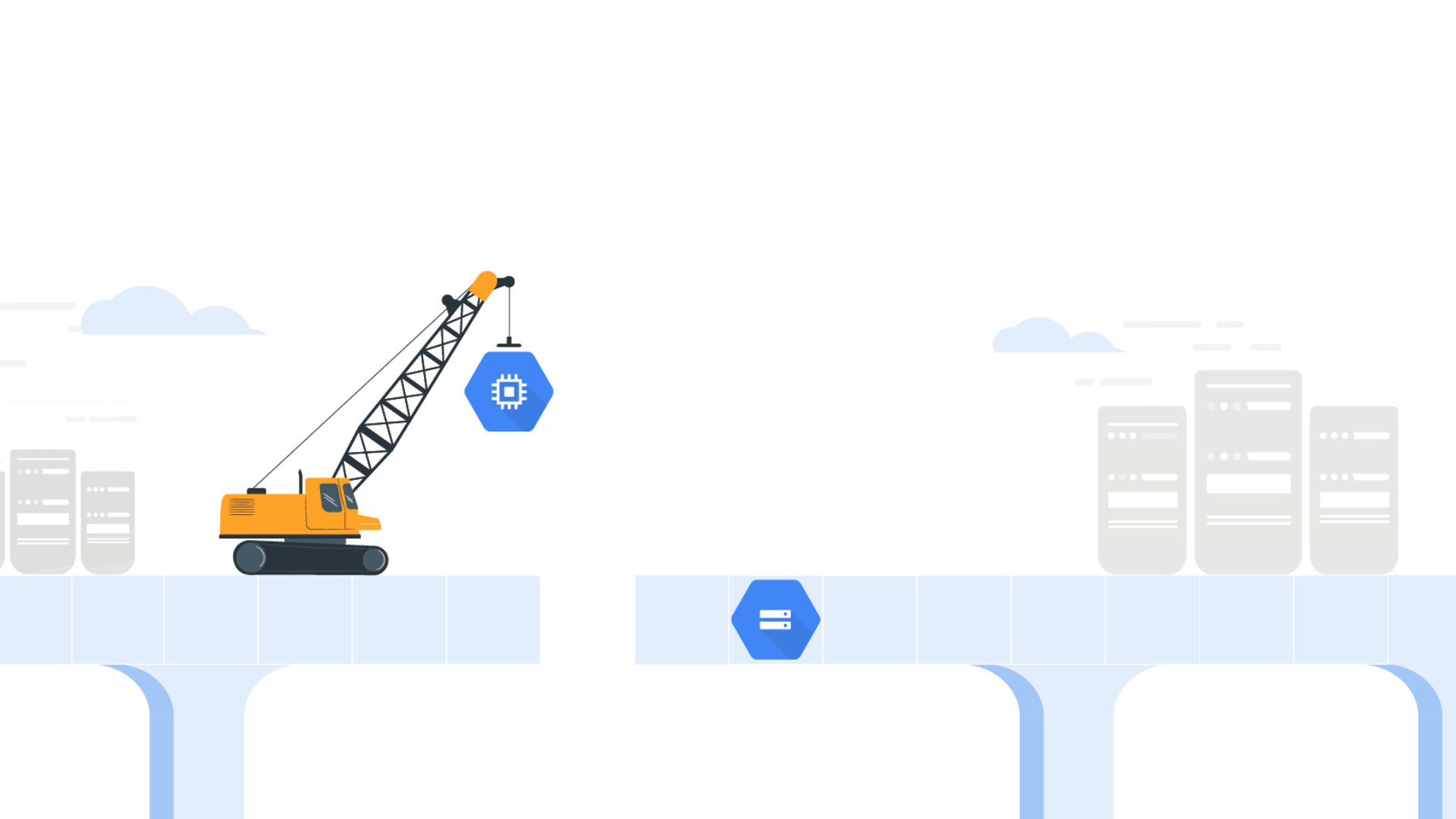 Illustration of construction crane placing a hexagon-shaped icon with a gear and circuit symbol on a digital platform, with server icons below and a city skyline in the background.