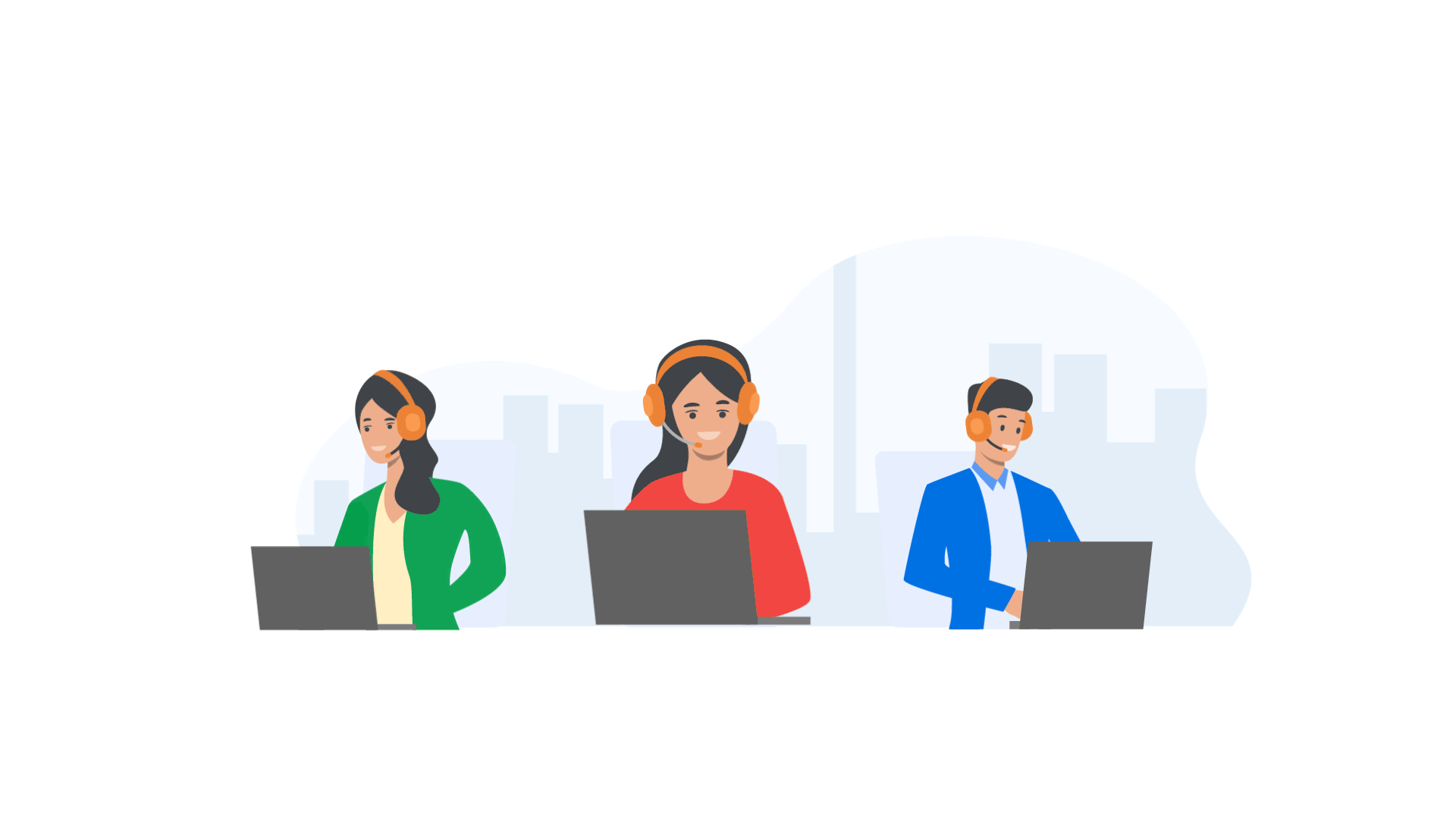 Three customer service representatives wearing headsets working on laptops in an office with a city skyline background.