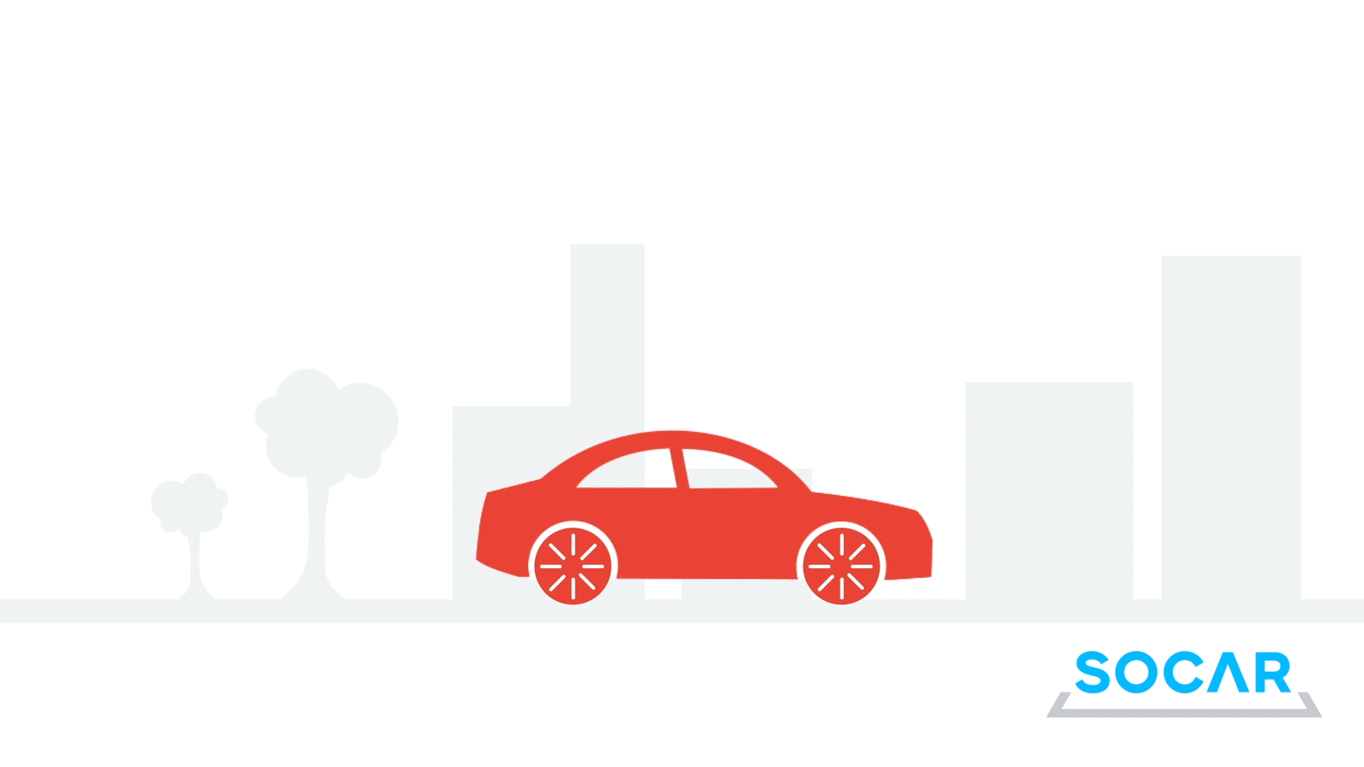 A minimalist graphic of a red car with stylized wheels, set against a cityscape with tall buildings and trees in light gray background, with the "SOCAR" logo in blue and gray at the bottom right corner.