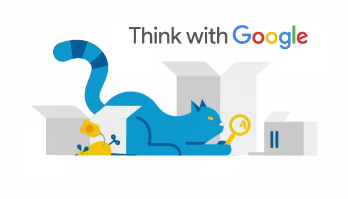 Google-themed illustration with a blue cat lying down, holding a magnifying glass, surrounded by abstract shapes and the text "Think with Google."