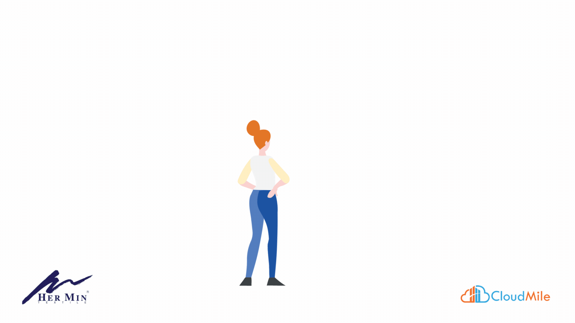 A digital illustration of a woman with red hair in a bun, wearing a light-colored shirt, blue pants, and black shoes, standing with her hand on her hip on a white background. The image includes logos for Heximin and CloudMile at the bottom.