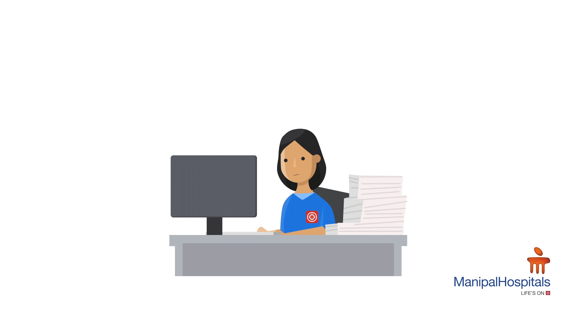 Illustration of a female medical staff at her desk with stacks of papers and a computer monitor, wearing a blue scrub top with a medical cross badge, in an office setting.