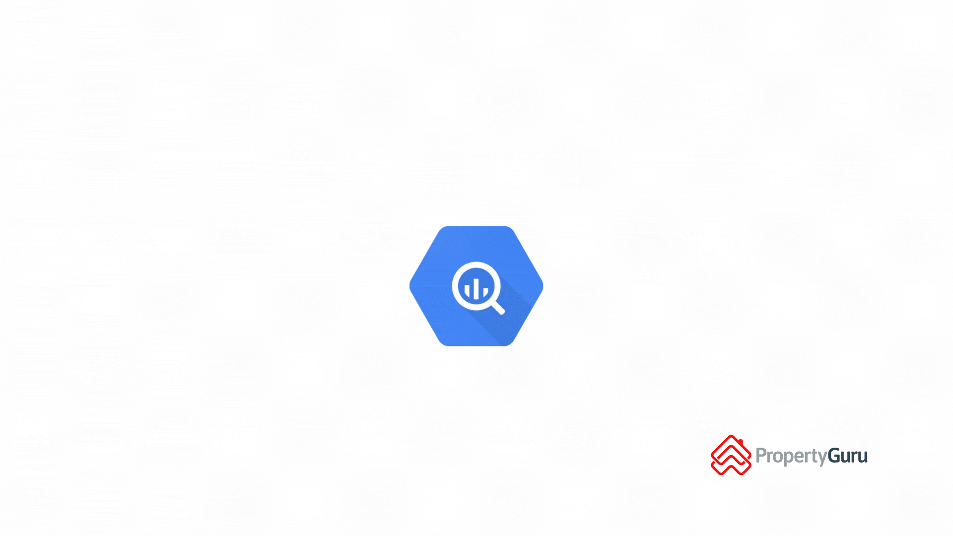 Google Search Console logo with a magnifying glass icon inside a blue hexagon, PropertyGuru logo in the bottom right corner.