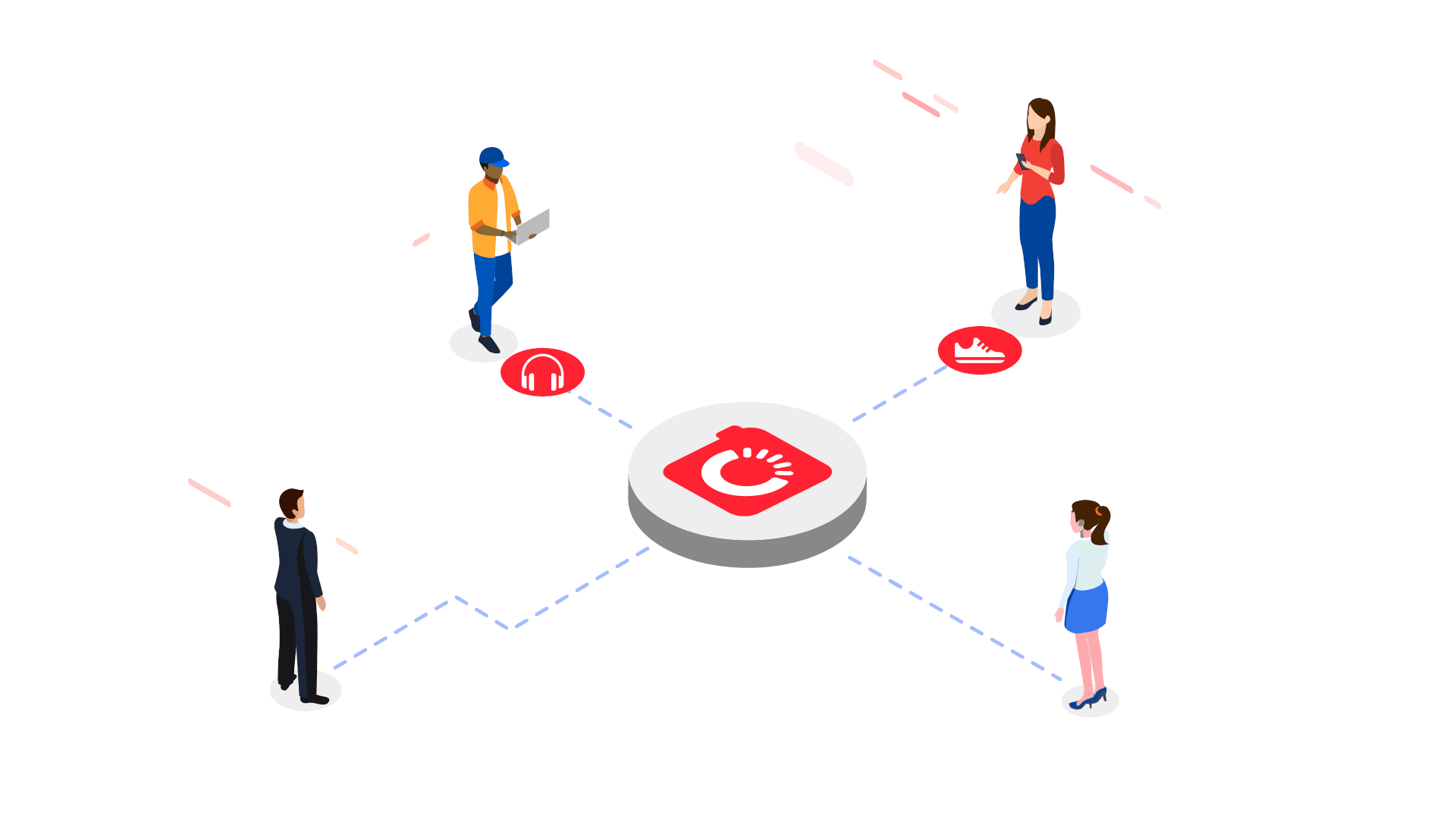 Graphic showing people connected through a central icon representing a network or connection, with icons for headphones, shoes, and a person using a mobile device, representing social or digital connectivity.