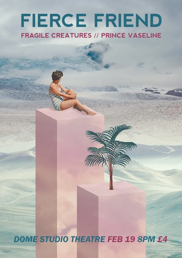 A woman in a striped swimsuit sitting on top of a pink block with a small tropical plant on another pink block in front of a surreal ocean background with waves and clouds. The poster includes text promoting a theater show titled 'Fierce Friend' at D