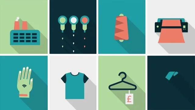 Grid of eight illustrations including factory with smokestacks, test tubes, paint roller, printing press, smartphone with Wi-Fi signal, t-shirt, clothing hanger with price tag, and a pair of shoes.