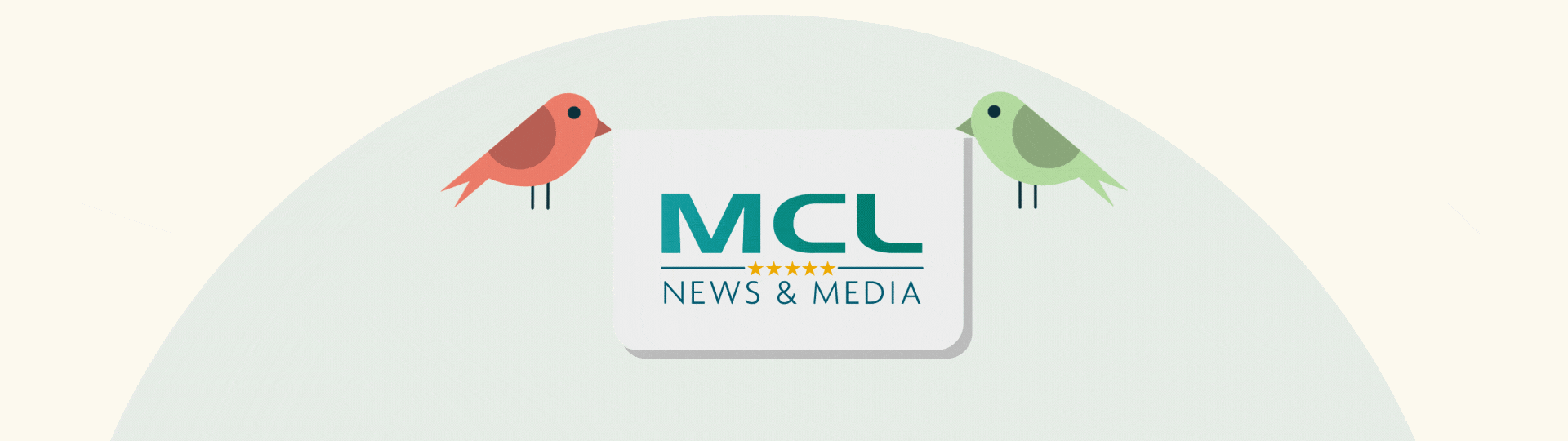 Graphic with two cartoon birds, one red and one green, sitting on a branch above a rectangular sign that reads "MCL NEWS & MEDIA" with four stars above the text.