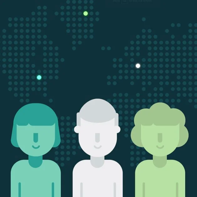 Illustration of three people standing side by side with a digital map and dots representing a network or data points in the background.