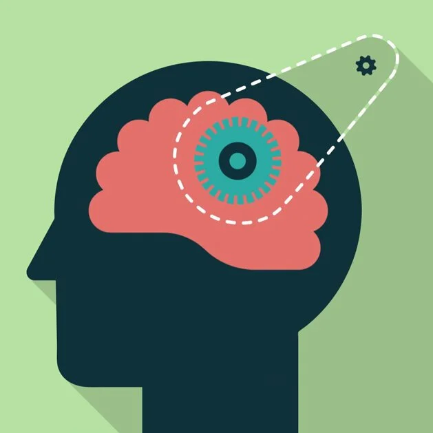 Illustration of a human head silhouette with a brain and gears, representing thinking and mental processes.