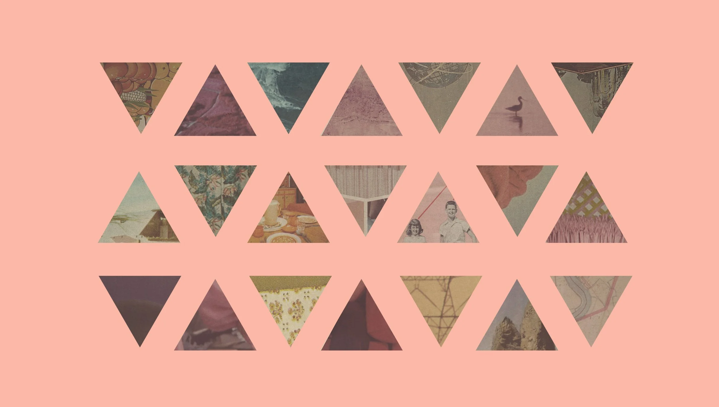 A collage of various vintage and scenic images viewed through triangular cut-outs on a pink background.